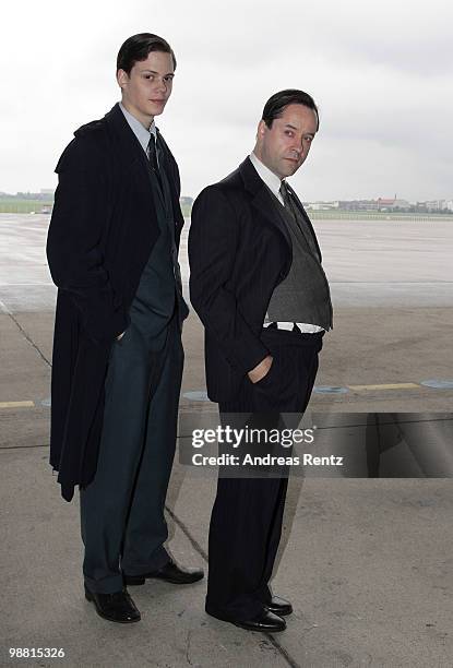 Actors Jan Josef Liefers and Bill Skarsgard attend a photocall during a set visit to promote the new movie Simon on May 3, 2010 in Berlin, Germany.