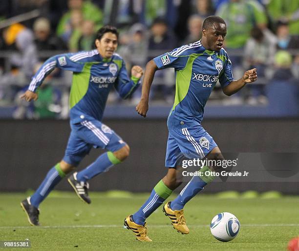 Steve Zakuani of the Seattle Sounders FC in action against the Columbus Crew on May 1, 2010 at Qwest Field in Seattle, Washington.