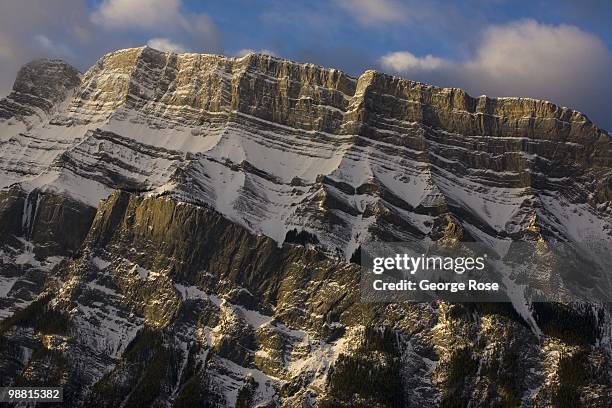 The dramatic snow covered granite face of Mt. Rundle is seen in this 2010 Banff Springs, Canada, early morning landscape photo.