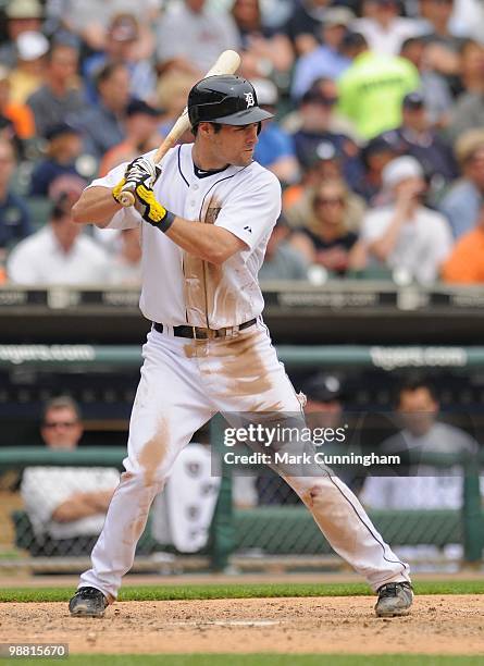 Scott Sizemore of the Detroit Tigers bats against the Minnesota Twins during the game at Comerica Park on April 29, 2010 in Detroit, Michigan. The...