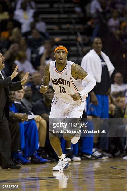 Tyrus Thomas of the Charlotte Bobcats reacts after making a basket against the Orlando Magic at Time Warner Cable Arena in Game Four of the Eastern...
