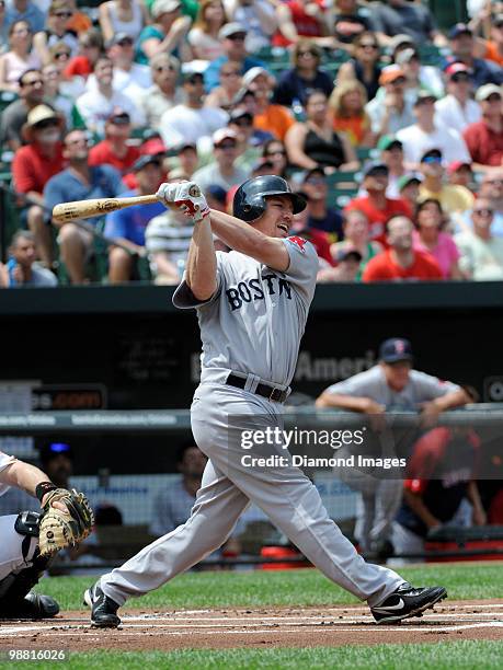 Outfielder J.D. Drew swings at a pitch during the top of the first inning of a game on May 2, 2010 against the Baltimore Orioles at Oriole Park in...