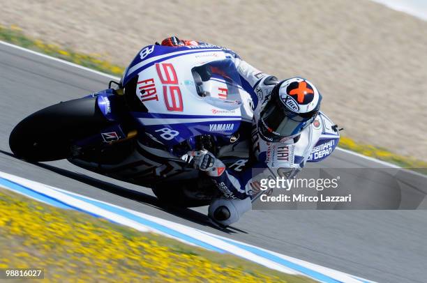 Jorge Lorenzo of Spain and Fiat Yamaha Team rounds the bend during the day of testing after Jerez GP at Circuito de Jerez on May 3, 2010 in Jerez de...