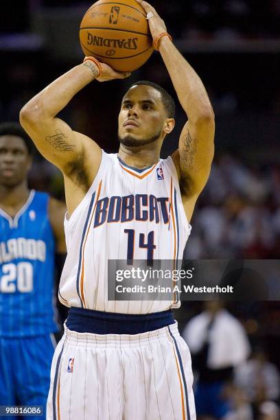 Augustin of the Charlotte Bobcats attempts a free throw against the Orlando Magic at Time Warner Cable Arena on April 26, 2010 in Charlotte, North...