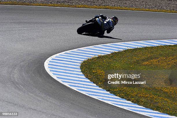 Hiroshi Aoyama of Japan and Interwetten MotoGP Team rounds the bend during the day of testing after Jerez GP at Circuito de Jerez on May 3, 2010 in...