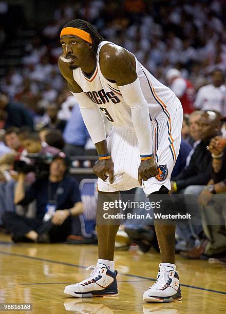 Gerald Wallace of the Charlotte Bobcats looks on against the Orlando Magic at Time Warner Cable Arena on April 26, 2010 in Charlotte, North Carolina....