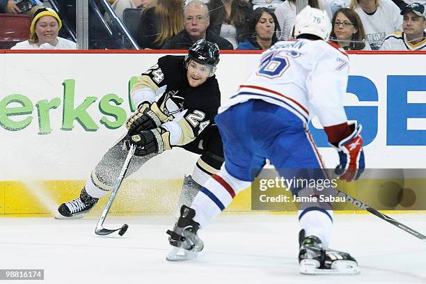 Matt Cooke of the Pittsburgh Penguins controls the puck as PK Subban of the Montreal Canadiens defends in Game Two of the Eastern Conference...