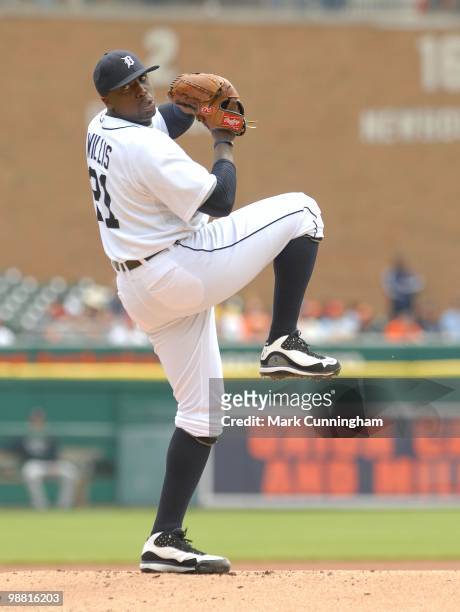 Dontrelle Willis of the Detroit Tigers pitches against the Minnesota Twins during the game at Comerica Park on April 29, 2010 in Detroit, Michigan....