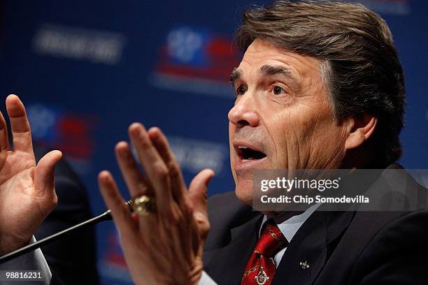 Texas Governor Rick Perry addresses a U.S. Chamber of Commerce summit on "the role of free enterprise in job creation" at the chamber May 3, 2010 in...