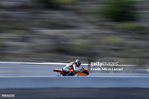 Dani Pedrosa of Spain and Repsol Honda Team heads down a straight during the day of testing after Jerez GP at Circuito de Jerez on May 3, 2010 in...