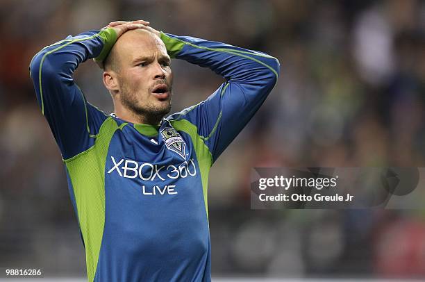 Freddie Ljungberg of the Seattle Sounders FC reacts after missing a goal against the Columbus Crew on May 1, 2010 at Qwest Field in Seattle,...