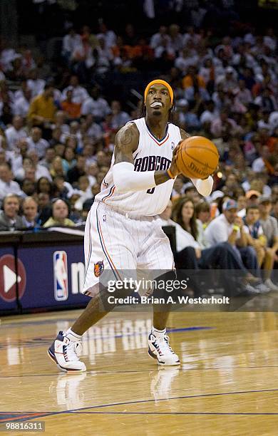 Gerald Wallace of the Charlotte Bobcats looks to take a three-point shot against the Orlando Magic at Time Warner Cable Arena on April 26, 2010 in...