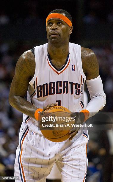 Stephen Jackson of the Charlotte Bobcats shoots a free throw against the Orlando Magic at Time Warner Cable Arena on April 26, 2010 in Charlotte,...