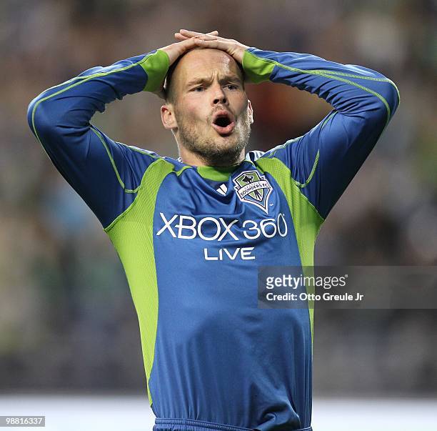 Freddie Ljungberg of the Seattle Sounders FC reacts after missing a goal against the Columbus Crew on May 1, 2010 at Qwest Field in Seattle,...
