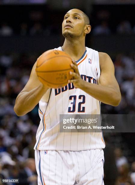 Boris Diaw of the Charlotte Bobcats shoots a free throw against the Orlando Magic at Time Warner Cable Arena on April 26, 2010 in Charlotte, North...