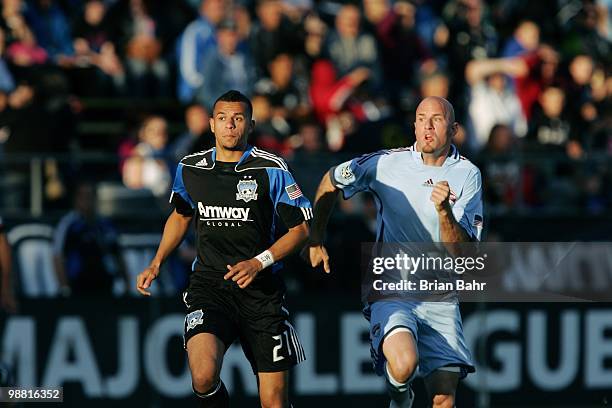 Jason Hernandez of the San Jose Earthquakes rushes to defend the net against Conor Casey of the Colorado Rapids on May 1, 2010 at Buck Shaw Stadium...