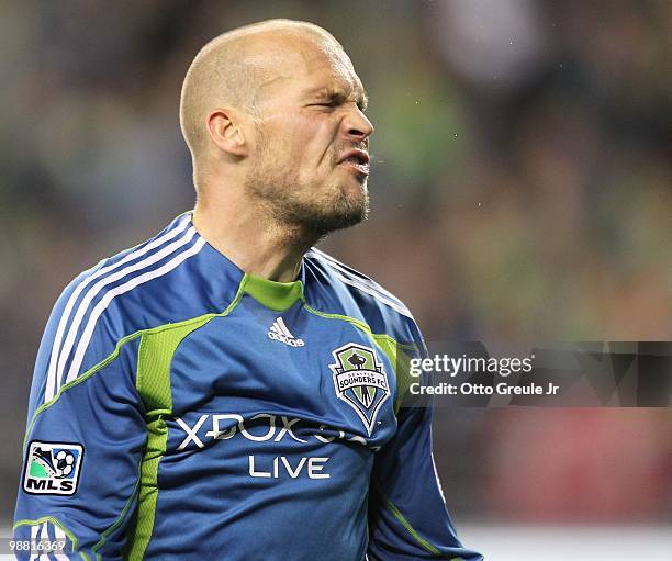 Freddie Ljungberg of the Seattle Sounders FC reacts after missing a goal against the Columbus Crew on May 1, 2010 at Qwest Field in Seattle,...