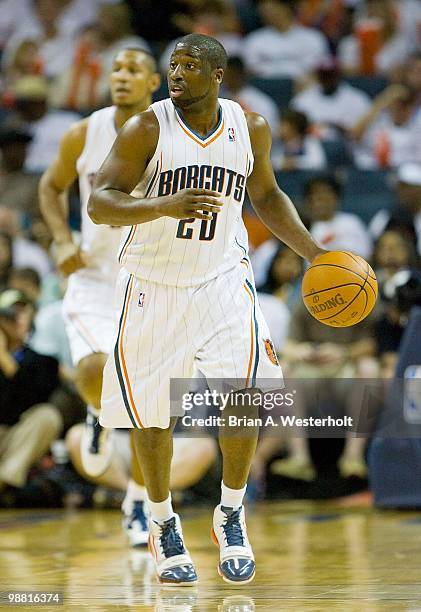 Raymond Felton runs the offense for the Charlotte Bobcats against the Orlando Magic at Time Warner Cable Arena on April 26, 2010 in Charlotte, North...