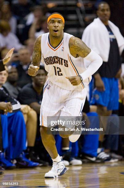 Tyrus Thomas of the Charlotte Bobcats reacts after making a basket against the Orlando Magic at Time Warner Cable Arena on April 26, 2010 in...