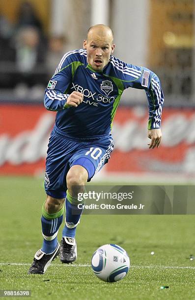 Freddie Ljungberg of the Seattle Sounders FC in action against the Columbus Crew on May 1, 2010 at Qwest Field in Seattle, Washington.