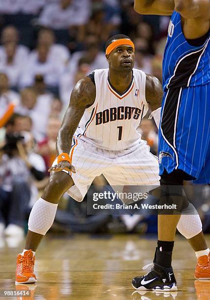 Stephen Jackson of the Charlotte Bobcats on defense against the Orlando Magic at Time Warner Cable Arena on April 26, 2010 in Charlotte, North...