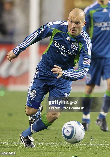 Freddie Ljungberg of the Seattle Sounders FC in action against the Columbus Crew on May 1, 2010 at Qwest Field in Seattle, Washington.