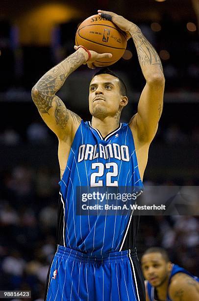 Matt Barnes of the Orlando Magic shoots a free throw against the Charlotte Bobcats at Time Warner Cable Arena on April 26, 2010 in Charlotte, North...
