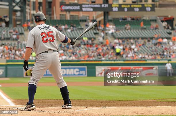 Jim Thome of the Minnesota Twins bats against the Detroit Tigers during the game at Comerica Park on April 29, 2010 in Detroit, Michigan. The Tigers...