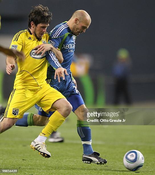 Freddie Ljungberg of the Seattle Sounders FC in action against the Columbus Crew on May 1, 2010 at Qwest Field in Seattle, Washington.