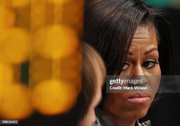 First lady Michelle Obama ask students questions during the championship round of the Annual National Science Bowl, on May 3, 2010 in Washington, DC....