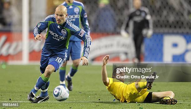 Freddie Ljungberg of the Seattle Sounders FC in action against the Columbus Crew on May 1, 2010 at Qwest Field in Seattle, Washington.