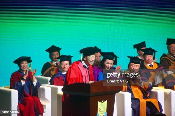 Hong Kong business magnate Li Ka-Shing makes speech during the graduation ceremony of Shantou University on June 29, 2018 in Shantou, Guangdong...