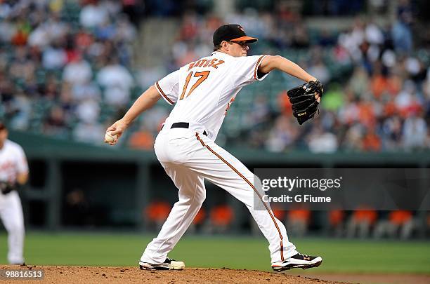 Brian Matusz of the Baltimore Orioles pitches against the New York Yankees at Camden Yards on April 29, 2010 in Baltimore, Maryland.