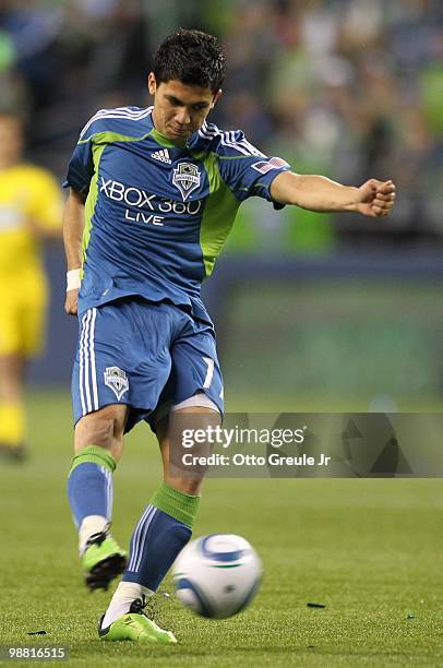 Fredy Montero of the Seattle Sounders FC in action against the Columbus Crew on May 1, 2010 at Qwest Field in Seattle, Washington.