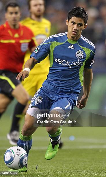 Fredy Montero of the Seattle Sounders FC in action against the Columbus Crew on May 1, 2010 at Qwest Field in Seattle, Washington.