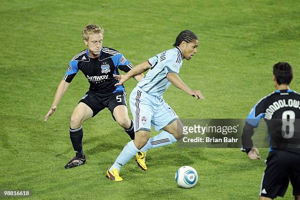 Quincy Amarikwa of the Colorado Rapids gets control of the ball against Brad Ring of the San Jose Earthquakes on May 1, 2010 at Buck Shaw Stadium in...