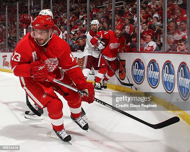Pavel Datsyuk of the Detroit Red Wings skates skates out of the corner during Game Six of the Western Conference Quarterfinals of the 2010 NHL...