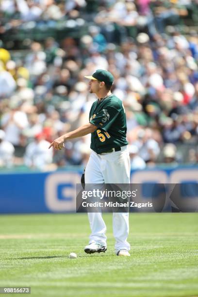 Dallas Braden of the Oakland Athletics yelling "keep of my mound" at Alex Rodriguez during the game against the New York Yankees at the Oakland...