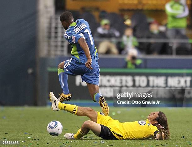 Steve Zakuani of the Seattle Sounders FC battles Frankie Hejduk of the Columbus Crew on May 1, 2010 at Qwest Field in Seattle, Washington.