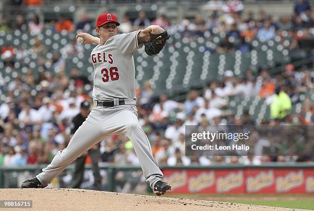 Jered Weaver of the Los Angeles Angels of Anaheim pitches in the first inning against the Detroit Tigers during the game on May 2, 2010 at Comerica...