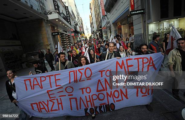 Leftist protesters shout anti-government slogans during their march in central Athens on May 3, 2010. Leading European stock exchanges on Monday...