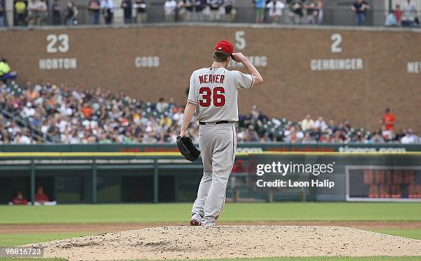 Jered Weaver of the Los Angeles Angels of Anaheim reacts during the fifth inning after giving up a run in the against the Detroit Tigers during the...