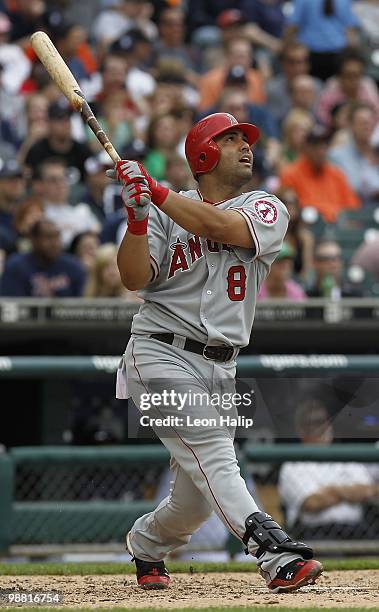 Kendry Morales of the Los Angeles Angels of Anaheim bats during the fifth inning of the game against the Detroit Tigers on May 2, 2010 at Comerica...