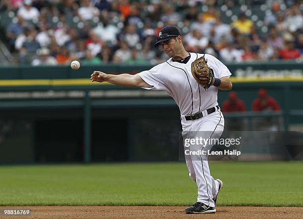 Scott Sizemore of the Detroit Tigers fields the ground ball in the fifth inning during the game against the Los Angeles Angeles of Anaheim on May 2,...