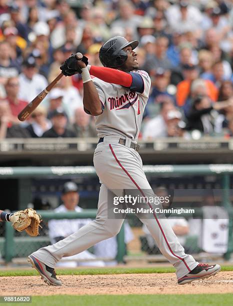 Orlando Hudson of the Minnesota Twins bats against the Detroit Tigers during the game at Comerica Park on April 29, 2010 in Detroit, Michigan. The...