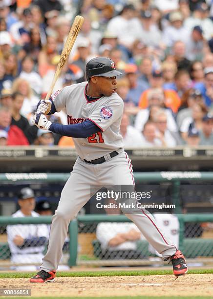 Delmon Young of the Minnesota Twins bats against the Detroit Tigers during the game at Comerica Park on April 29, 2010 in Detroit, Michigan. The...