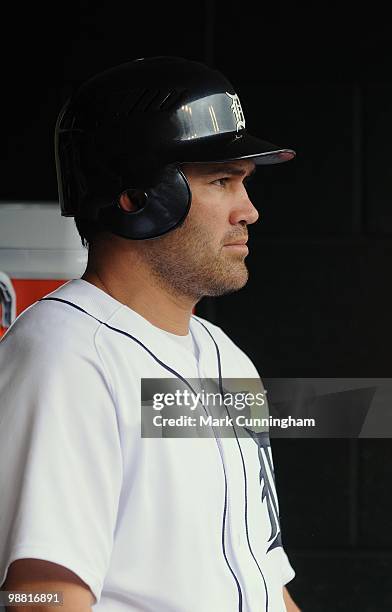 Johnny Damon of the Detroit Tigers looks on from the dugout against the Los Angeles Angels of Anaheim during the game at Comerica Park on May 2, 2010...