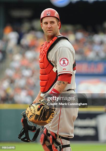 Mike Napoli of the Los Angeles Angels of Anaheim looks on against the Detroit Tigers during the game at Comerica Park on May 2, 2010 in Detroit,...