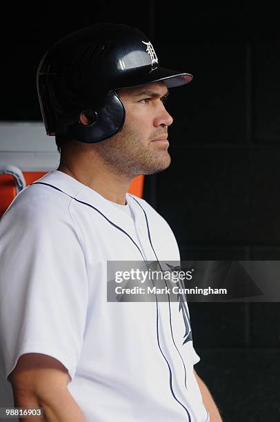Johnny Damon of the Detroit Tigers looks on from the dugout against the Los Angeles Angels of Anaheim during the game at Comerica Park on May 2, 2010...