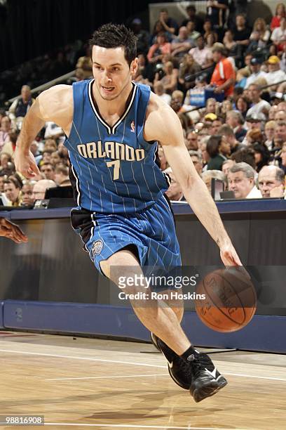 Redick of the Orlando Magic dribble drives to the basket against the Indiana Pacers during the game at Conseco Fieldhouse on April 12, 2010 in...